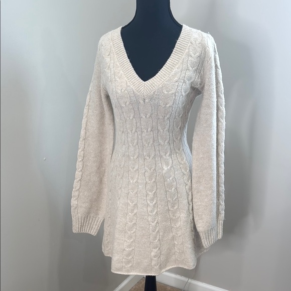 Lulus Sweaters - Lulu's Cream V-Neck Sweater Dress with Textured Knit